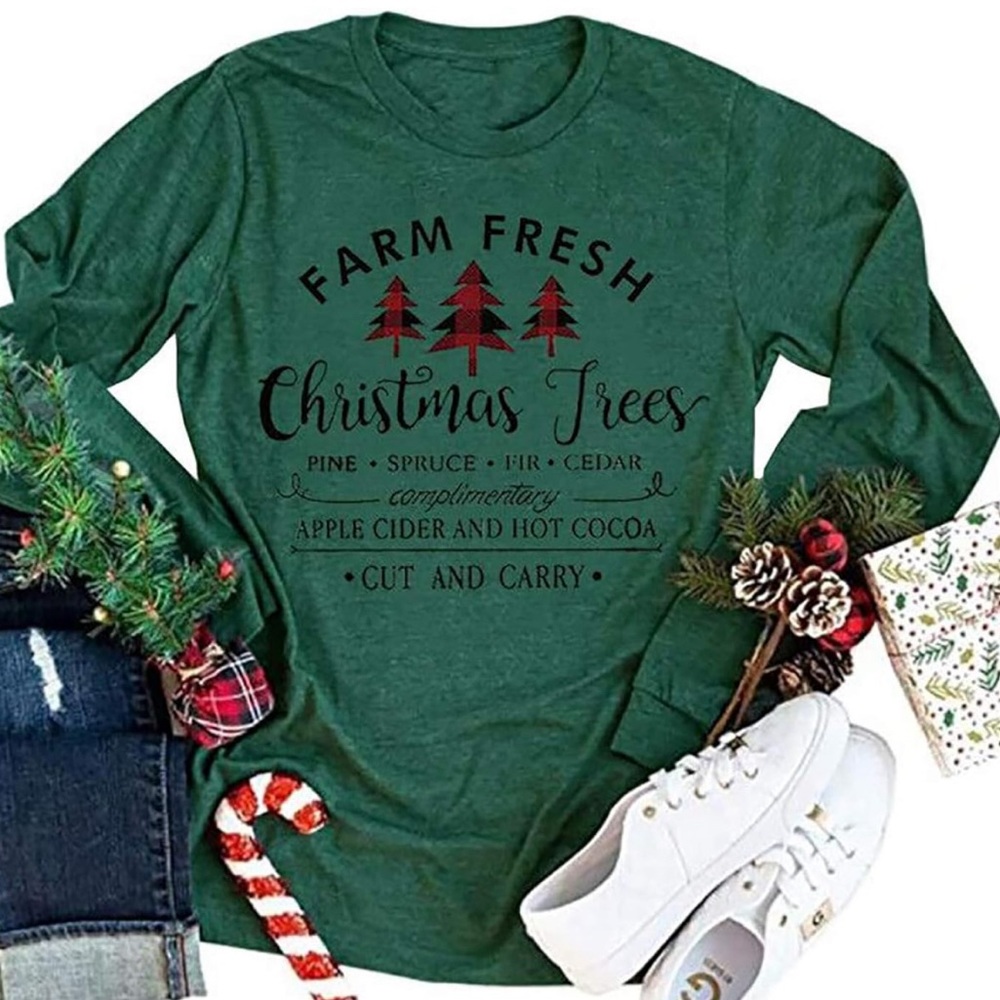 Long Sleeve Green Tee with Christmas Trees. Size XL New in Package